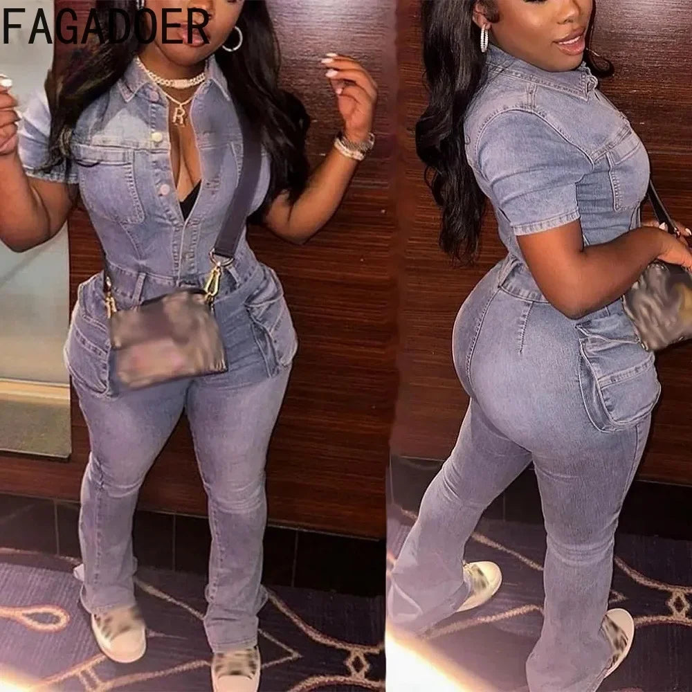 FAGADOER Blue Denim Jumpsuits Women Fashion Short Sleeve Lapel Cargo Pocket Stretchy Bodycon One Pieces Jeans Overall Streetwear